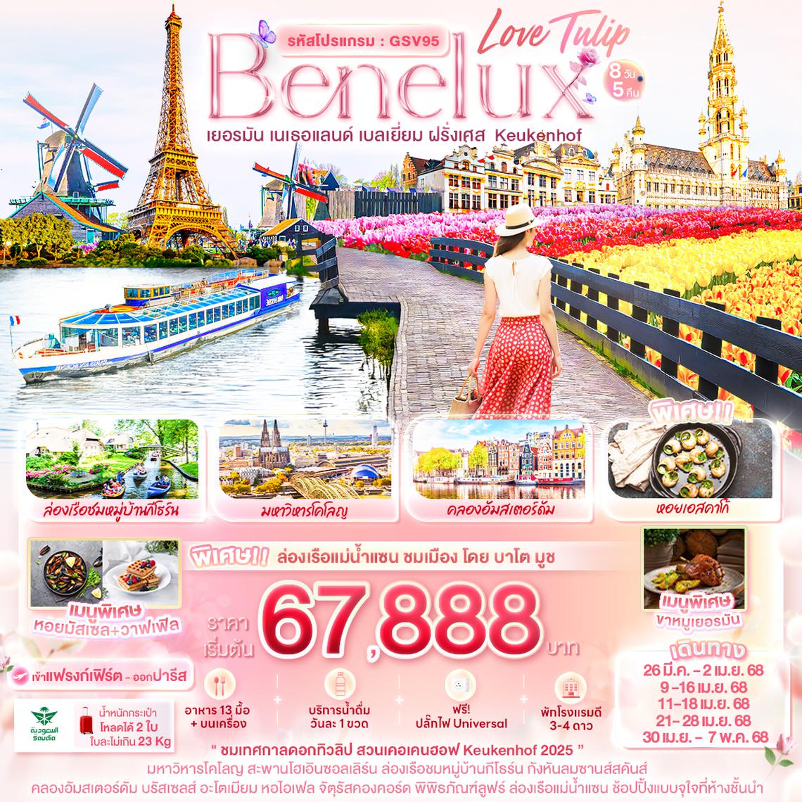 GSV95 Love Tulip Benelux เยอรมัน เนเธอแลนด์ เบลเยี่ยม ฝรั่งเศส  Keukenhof 8 วัน 5 คืน