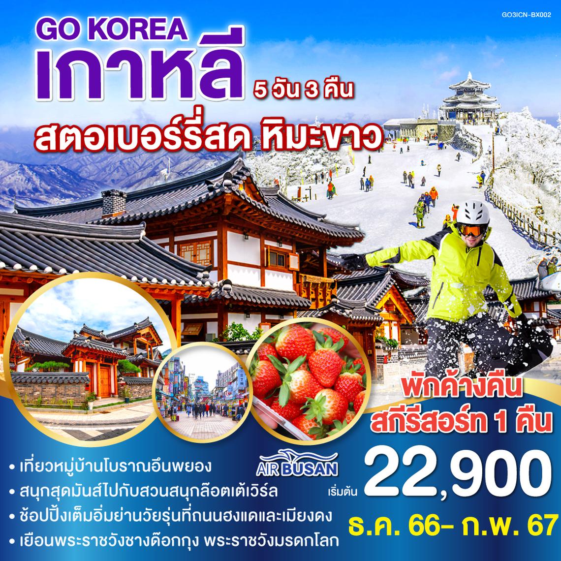 เกาหลี สตอเบอร์รี่สด หิมะขาว  5 วัน 3 คืน โดยสายการบินแอร์ปูซาน (BX)