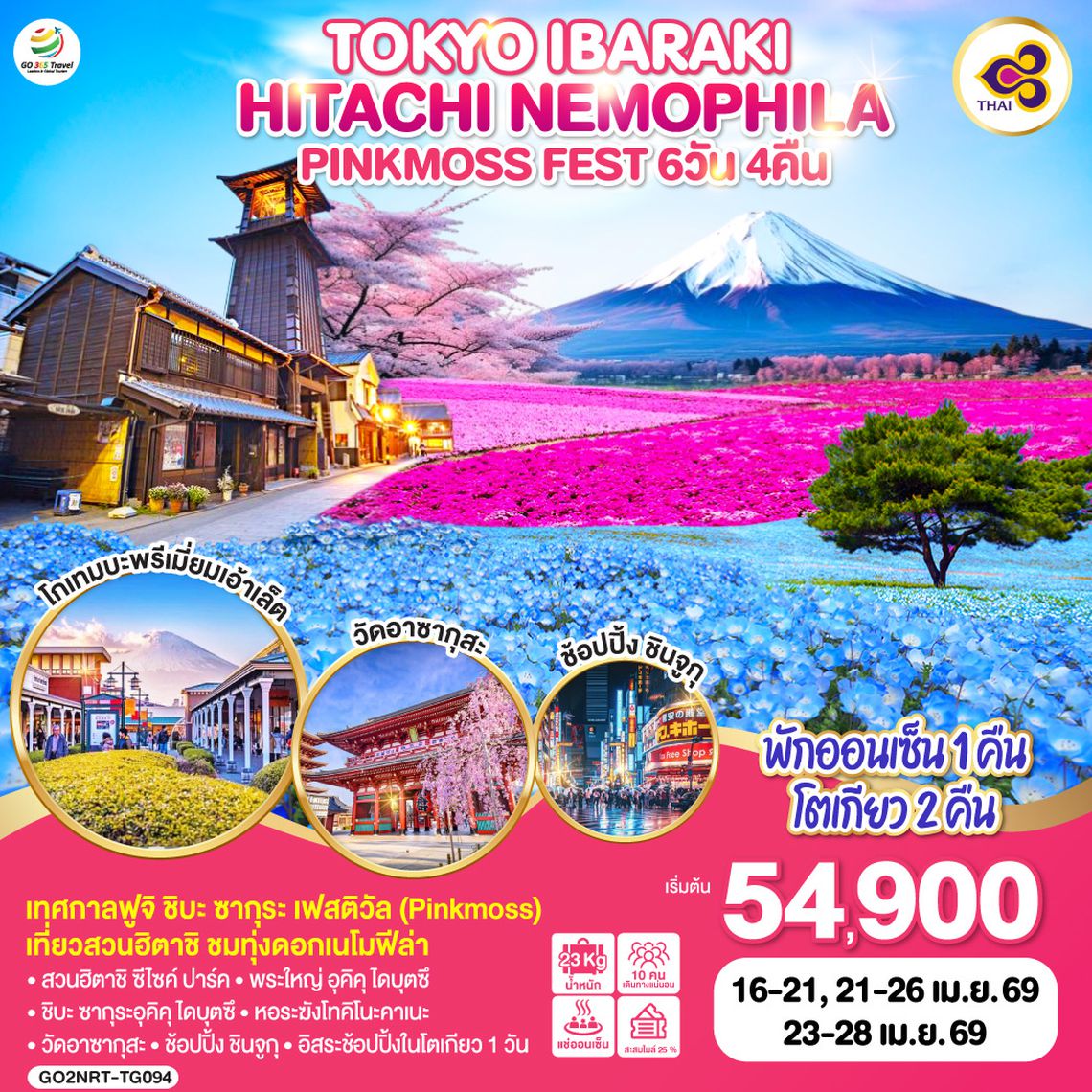 QQGO2NRT-TG094 TOKYO IBARAKI HITACHI NEMOPHILA & PINKMOSS FEST 6D 4N โดยสายการบินไทย [TG]