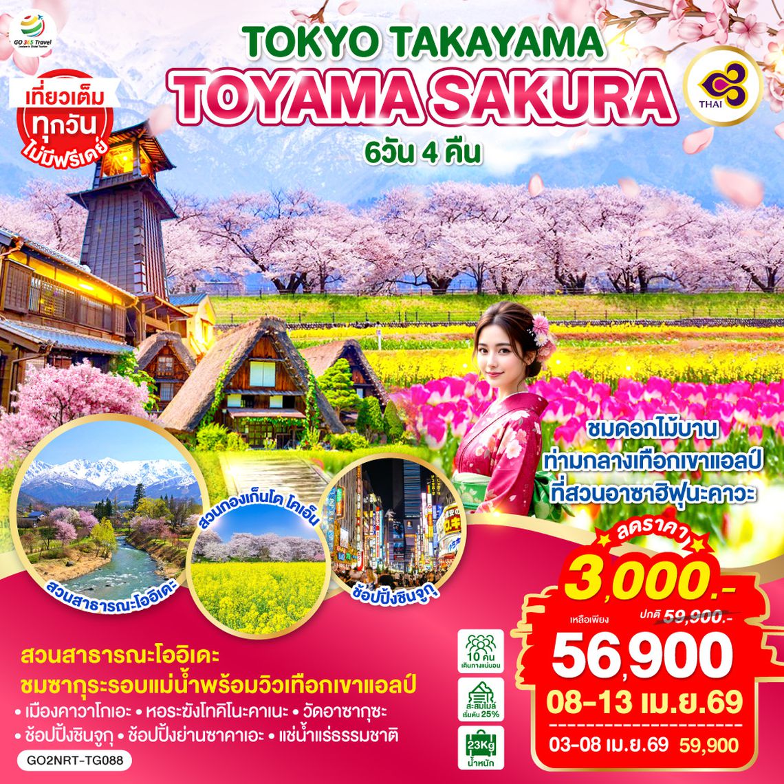 QQGO2NRT-TG088 TOKYO TAKAYAMA TOYAMA SAKURA 6D 4N  โดยสายการบินไทย [TG]