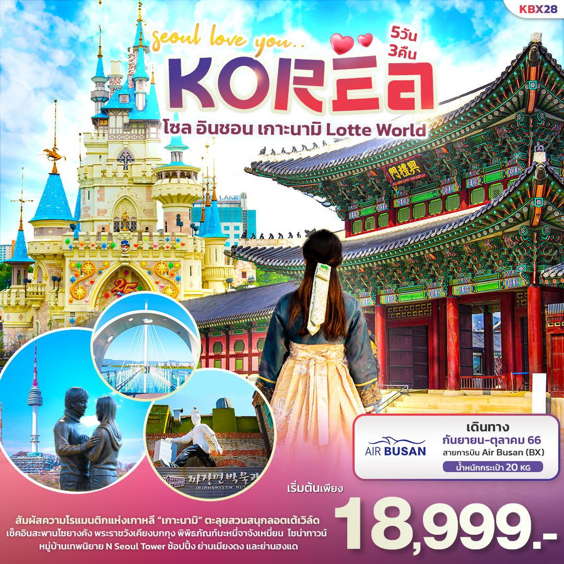 ทัวร์เกาหลี Seoul love You โซล อินชอน เกาะนามิ Lotte World 5 วัน 3 คืน