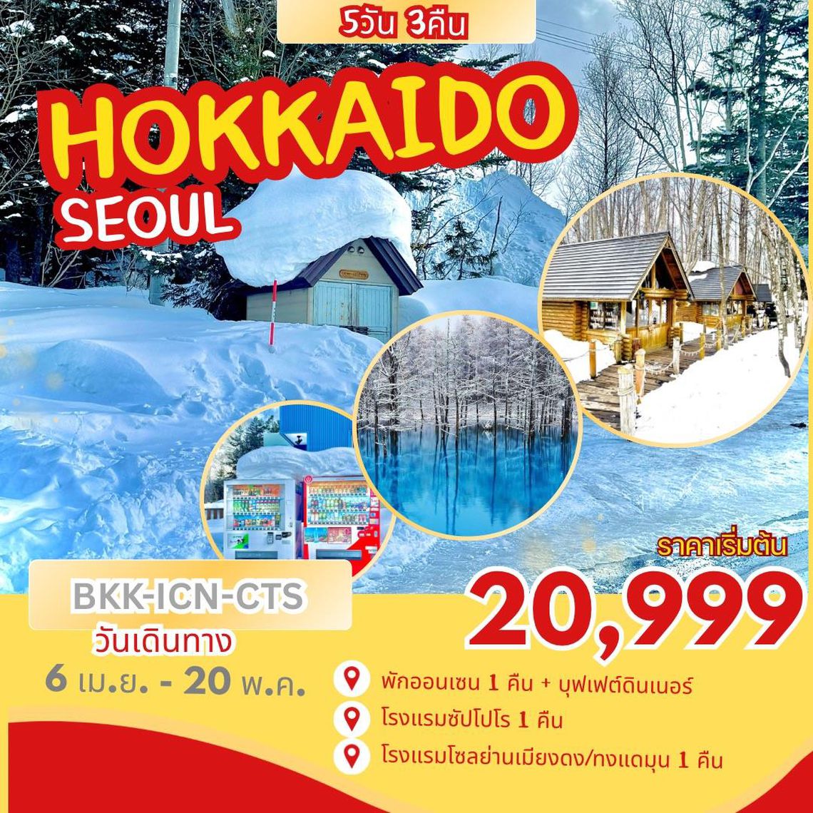 เที่ยว 2 ประเทศ HOKKAIDO-SEOUL (เดินทางเมษายน - พฤษภาคม 2568) 5วัน 3คืน