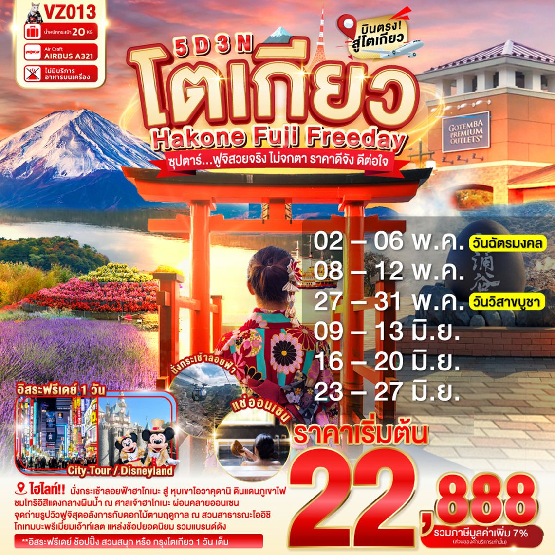 VZ013 TOKYO HAKONE FUJI FREEDAY 5D 3N BY VZ -- MAY-JUN'26 --- ซุปตาร์...ฟูจิสวยจริง ไม่จกตา ราคาดีจัง ดีต่อใจ ProgramId:396