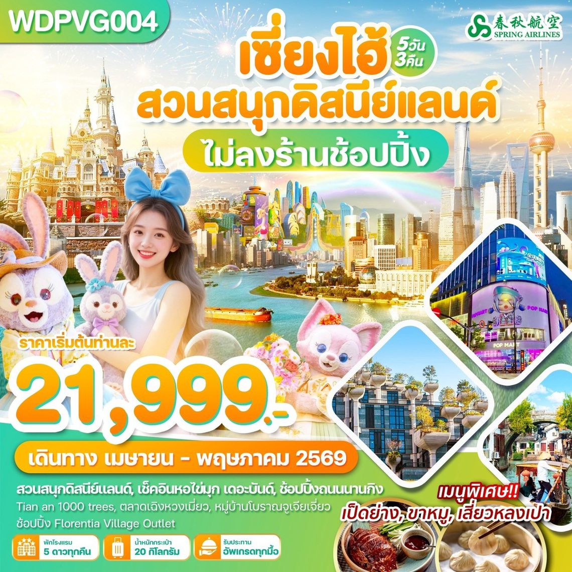 WDPVG004 เซี่ยงไฮ้ ถนนนานกิง ดิสนีย์แลนด์ 5วัน3คืน บิน 9C