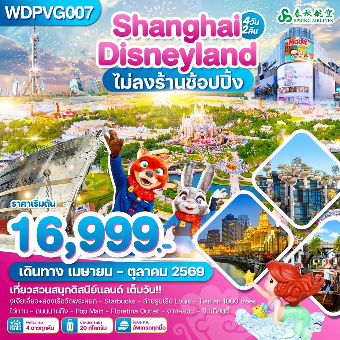 WDPVG007 เซี่ยงไฮ้ ถนนนานกิง ดิสนีย์แลนด์ 4วัน2คืน บิน 9C