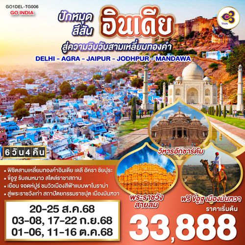 QQGO1DEL-TG006 ขี่อูฐ INDIA เมือง PINK & BLUE CITY  ปักหมุดสีสันสู่ความวิบวับสามเหลี่ยมทองคำ DELHI - AGRA - JAIPUR - JODHPUR - MANDAWA   6 วัน 4 คืน โดยสายการบิน Thai Airways (TG)