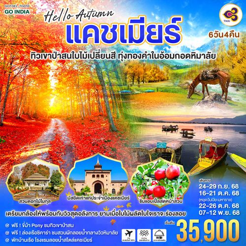 QQGO1DEL-TG010 HELLO AUTUMN KASHMIR ทิวเขาป่าสนใบไม้เปลี่ยนสี  ทุ่งทองคำในอ้อมกอดหิมาลัย 6วัน 4คืน  โดยสายการบิน Thai Airways (TG)