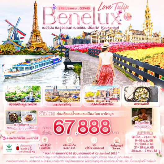 ITC0-GSV95 Love Tulip Benelux เยอรมัน เนเธอแลนด์ เบลเยี่ยม ฝรั่งเศส Keukenhof 8 วัน 5 คืน (SV)