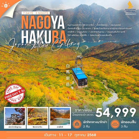ทัวร์ NAGOYA HAKUBA JAPAN ALPS ฟรีเดย์ 7 วัน 5 คืน (SQ)