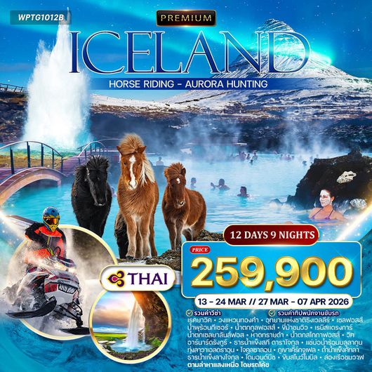 ทัวร์พรีเมี่ยมไอซ์แลนด์ 12 วัน 9 คืน ตามล่าแสงเหนือ (TG) NOV 2025 - MAR 2026
