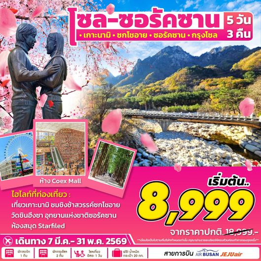 ทัวร์เกาหลี โซล ซอรัคซาน เกาะนามิ ชกโซอาย 5 วัน 3 คืน by AIR BUSAN - JEJU AIR
