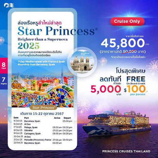 ล่องเรือหรูลำใหม่ล่าสุด 2025 เที่ยวยุโรป เมดิเตอร์เรเนียน | Star Princess