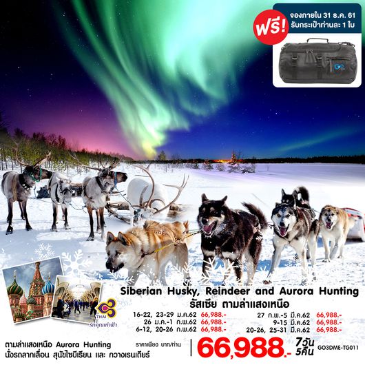 ทัวร์รัสเซีย ตามล่าแสงเหนือ GO3DME-TG011 Siberian Husky Reindeer and Aurora Hunting 7 วัน 5 คืน โดยสายการบินไทย (TG)