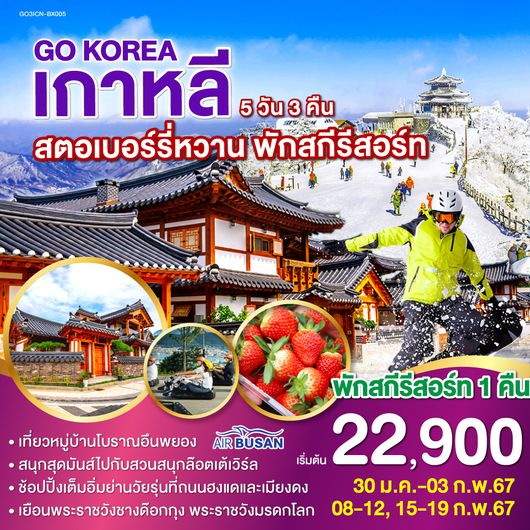 เกาหลี สตอเบอร์รี่หวาน พักสกีรีสอร์ท 5วัน 3คืน โดยสายการบิน Air Busan (BX)