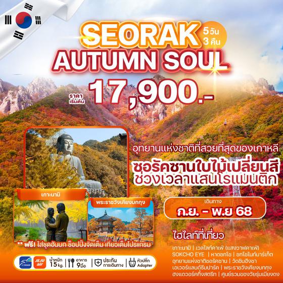 SEORAK เกาหลีใต้ โซล ซอรัค อินชอน ใบไม้เปลี่ยนสี 5 วัน 3 คืน เดินทาง กันยายน - พฤศจิกายน 68 เริ่มต้น 17,900.- AIR BUSAN (BX) , Jeju Air (7C)