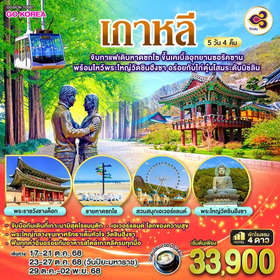 QQGO3ICN-TG001 จิบกาแฟเดินหาดซกโช ขึ้นเคเบิ้ลอุทยานซอรัคซาน พร้อมไหว้พระใหญ่วัดชินฮึงซา อร่อยกับไก่ตุ๋นโสมระดับมิชลิน 5วัน 3คืน โดยการบินไทย