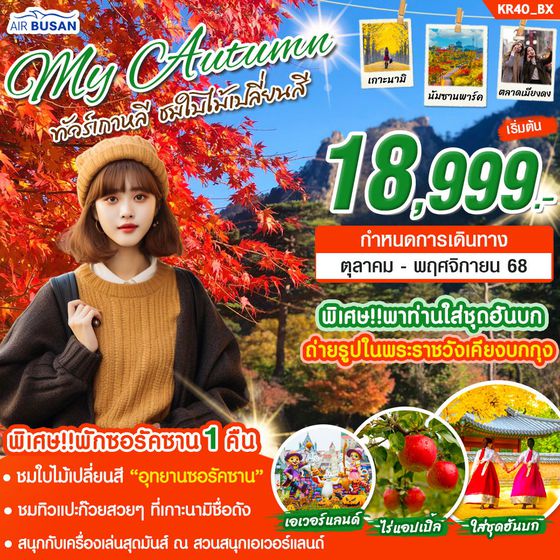 เกาหลีใต้ เกาะนามิ อินช็อน โซล ใบไม้เปลี่ยนสี 5 วัน 3 คืน เดินทาง ตุลาคม - พฤศจิกายน 68 เริ่มต้น 18,999.- AIR BUSAN (BX)