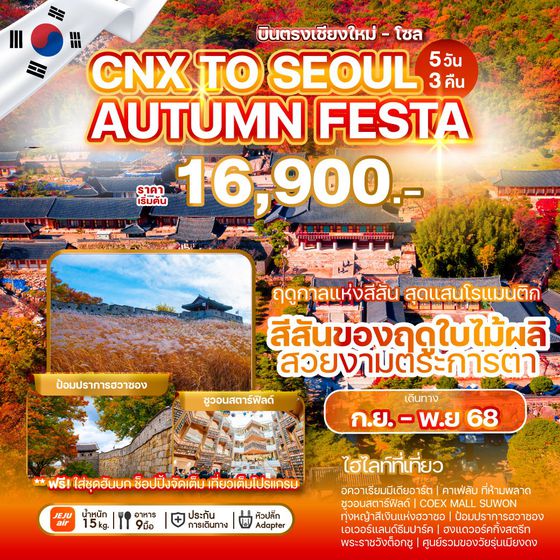 SEOUL เกาหลีใต้ โซล ใบไม้เปลี่ยนสี (บินตรงเชียงใหม่-โซล) 5 วััน 3 คืน เดินทาง กันยายน - พฤศจิกายน 68 เริ่มต้น 16,900.- Jeju Air (7C)