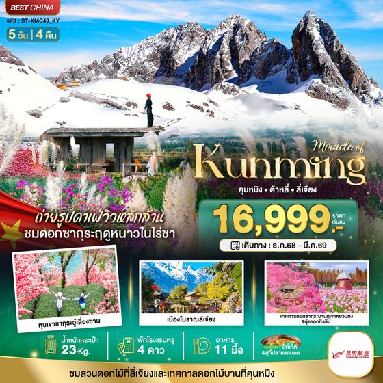 จีน คุนหมิง ต้าหลี่ ลี่เจียง 5 วัน 4 คืน เดินทาง กุมภาพันธ์ - มีนาคม 69 เริ่มต้น 18,999.- Kunming Airlines (KY)
