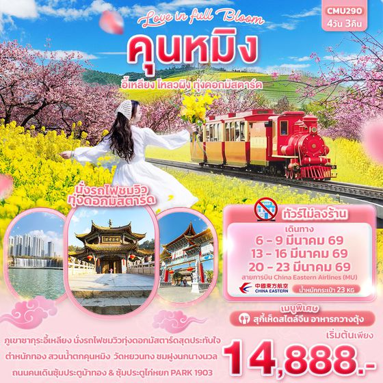 จีน คุนหมิง อี้เหลียง โหลวผิง (ไม่ลงร้าน) 4 วัน 3 คืน เดินทาง มีนาคม 69 เริ่มต้น 14,888.- China Eastern Airlines (MU)