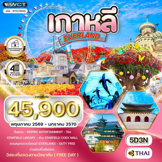 ทัวร์เกาหลี - โซล - สวนสนุก EVERLAND (Freeday) 5 วัน TG MAR-MAY 2026
