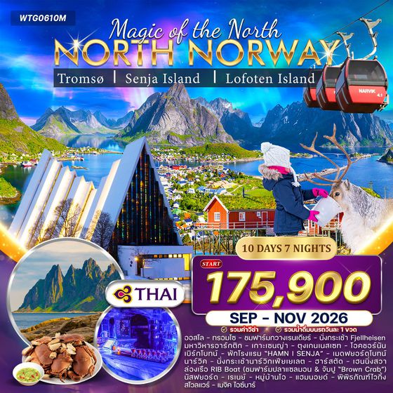ทัวร์นอร์เวย์เหนือ ล่าแสงเหนือและสัมผัสอาร์กติกเซอร์เคิล 10 วัน (TG) SEP - NOV 2026