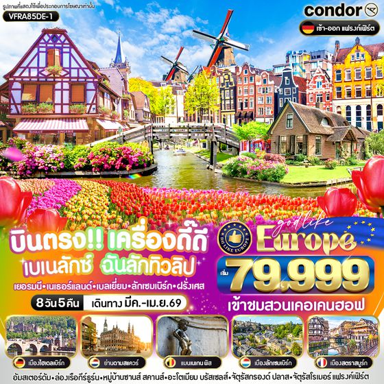 VFRA85DE-1 บินตรง เครื่องดี๊ดี BENELUX ฉันรักทิวลิป DE-NL-BE-LU-FR 8 วัน 5 คืน BY DE