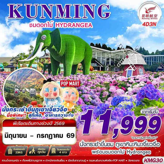 KMG30 KY BKK KUNMING ภูเขาหิมะเจี้ยวจื่อ - ดอกไม้ Hydrangea  4D3N (JUN-JUL 26)