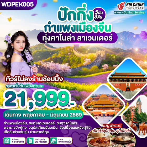 WDPEK005 ปักกิ่ง กำแพงเมืองจีน ทุ่งคาโนล่า ลาเวนเดอร์ 5วัน3คืน บิน CA