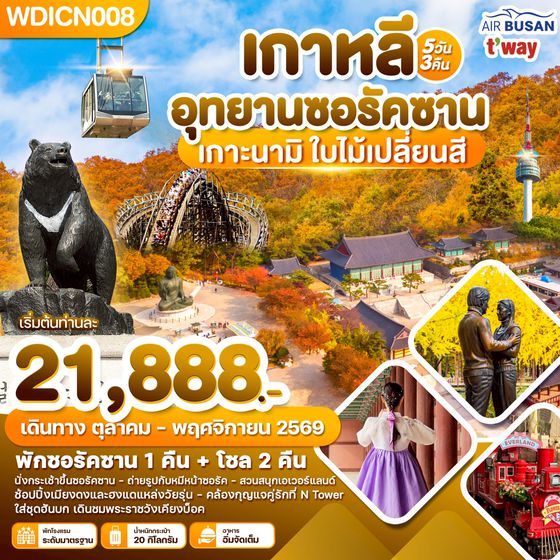WDICN008 เกาหลี อุทยานซอรัคซาน เกาะนามิ ใบไม้เปลี่ยนสี 5วัน3คืน บิน BX & TW