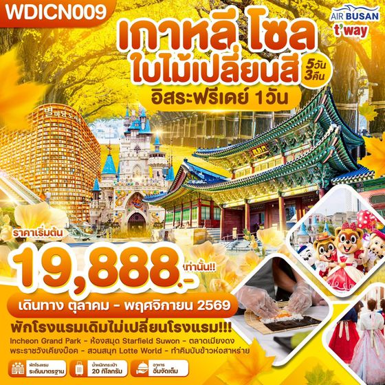 WDICN009 เกาหลี โซล ใบไม้เปลี่ยนสี อิสระฟรีเดย์ 1วัน_5วัน3คืน บิน BX & TW