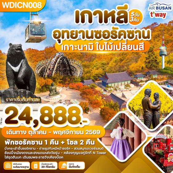 WDICN008 เกาหลี อุทยานซอรัคซาน เกาะนามิ ใบไม้เปลี่ยนสี 5วัน3คืน บิน BX & TW