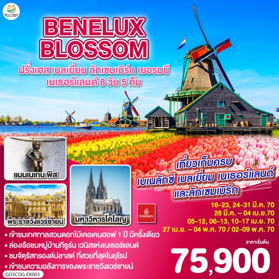 GO3CDG-EK003 BENELUX BLOSSOM ฝรั่งเศส เบลเยี่ยม ลักเซมเบิร์ก  เยอรมนี เนเธอร์แลนด์ 8วัน 5คืน โดยสายการบิน Emirates (EK)