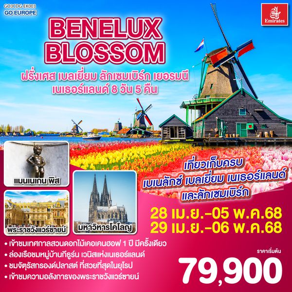QQGO3CDG-EK003 BENELUX BLOSSOM ฝรั่งเศส เบลเยี่ยม ลักเซมเบิร์ก  เยอรมนี เนเธอร์แลนด์ 8วัน 5คืน โดยสายการบิน Emirates (EK)
