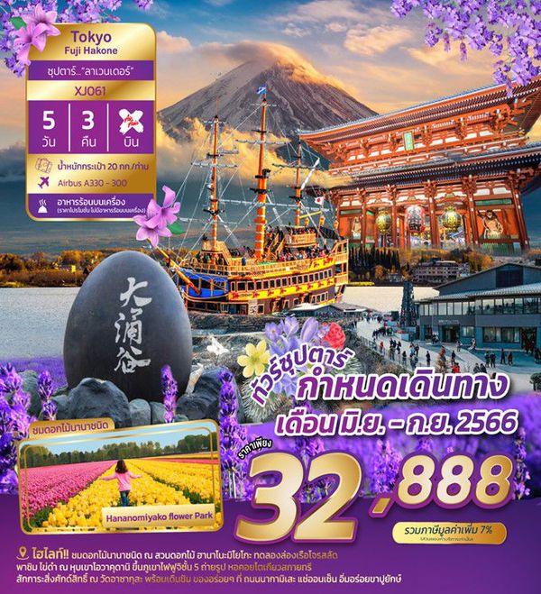 TOKYO FUJI KAWAGOE ญี่ปุ่น โตเกียว ฟูจิ 5 วัน 3 คืน ซุปตาร์ “ลาเวนเดอร์” เดินทาง ส.ค.-ก.ย.66 เริ่มต้น 32,888.- Air Asia X (XJ)