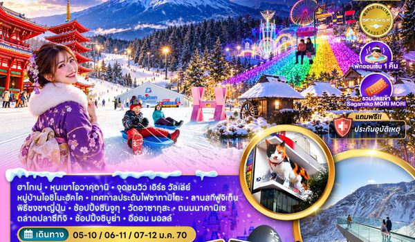 ZGHND-2702NH โตเกียว โอวาคุดานิ ฟูจิ เทศกาลไฟซากามิโกะ ลานสกี ช้อปปิ้งชินจูกุ และชิบูย่า (เที่ยวอิสระ 1 วัน)