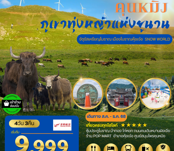 ภูเขาทุ่งหญ้าแห่งมณฑลยูนาน มหานครคุนหมิง จัตุรัสเหรียญโบราณ-เมืองโบราณหุ้ยเจ๋อ -SNOW WORLD 4 วัน 3 คืน (KY)