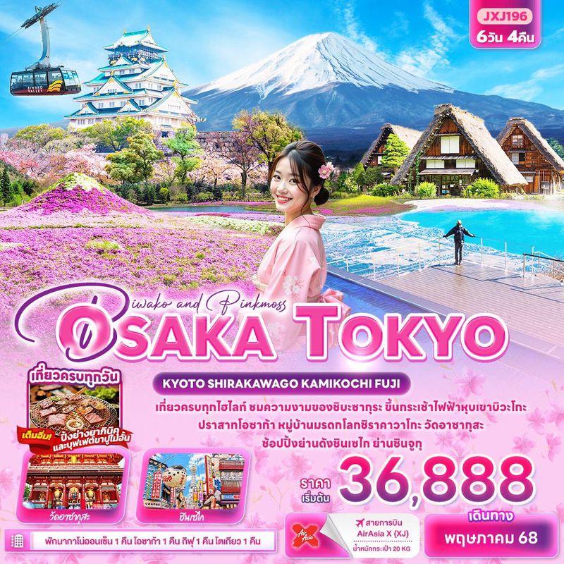 ทัวร์ญี่ปุ่น Biwako and Pinkmoss โอซาก้า โตเกียว เกียวโต ชิราคาวาโกะ คามิโคจิ ฟูจิ 6 วัน 4 คืน