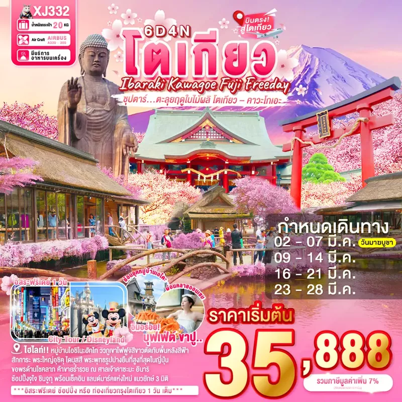 ทัวร์ญี่ปุ่น IBARAKI KAWAGOE FUJI TOKYO FREEDAY 6 วัน 4 คืน ซุปตาร์ ตะลุยฤดูใบไม้ผลิ โตเกียว–คาวะโกเอะ