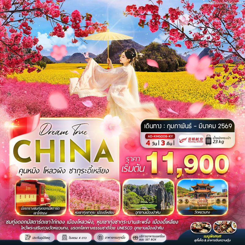 ทัวร์จีน คุนหมิง โหลวผิง ซากุระอี้เหลียง 4 วัน 3 คืน
