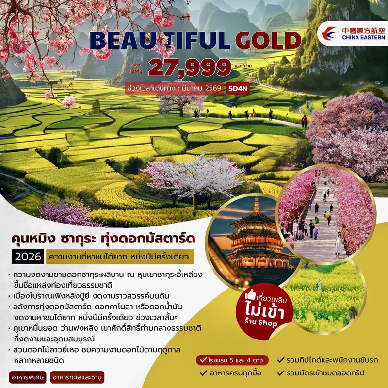 ทัวร์จีน Kunming Beautiful Gold คุนหมิง ซากุระ ทุ่งดอกมัสตาร์ด 5 D 4 N