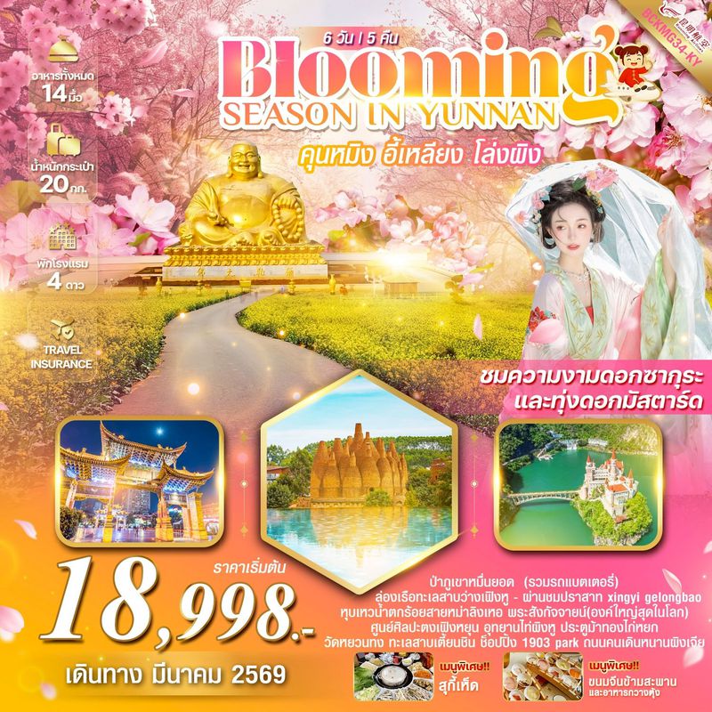 ทัวร์จีน BLOOMING SEASON IN YUNNAN คุนหมิง อี้เหลียง โล่วผิง 6 วัน 5 คืน (ชมซากุระ+ทุ่งดอกมัสตาร์ด)