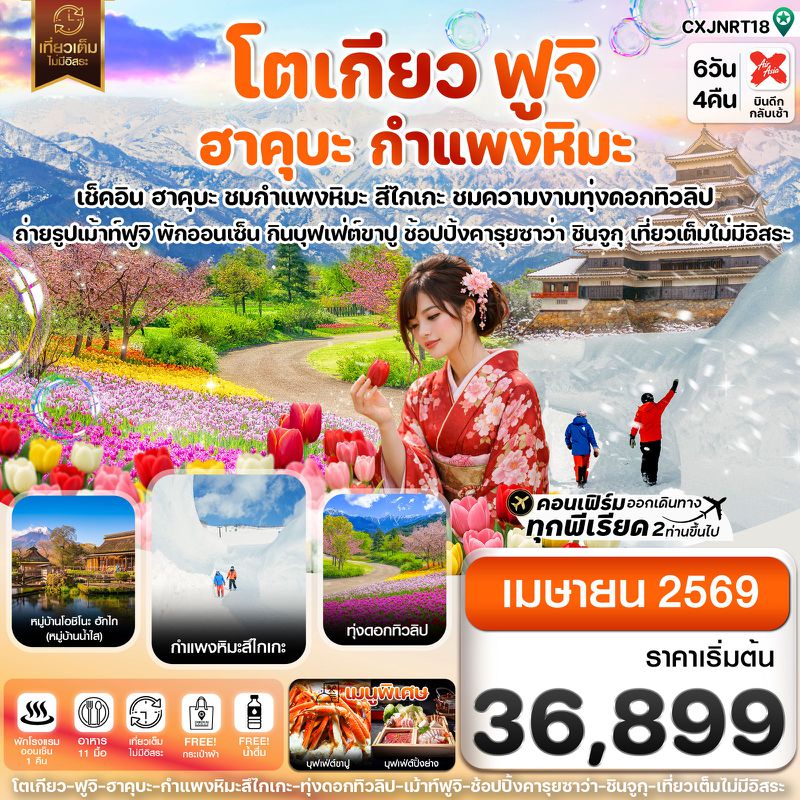 ทัวร์ญี่ปุ่น โตเกียว ฮาคุบะ สึไกเกะกำแพงหิมะ ทิวลิป เที่ยวเต็มไม่มีอิสระ 6 วัน 4 คืน 