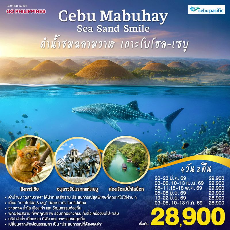 ทัวร์ฟิลิปปินส์ CEBU Mabuhay Sea. Sand. Smile. ดำน้ำชมฉลามวาฬ เกาะโบโฮล 4 วัน 2 คืน โดยสายการบิน Cebu Pacific (5J)